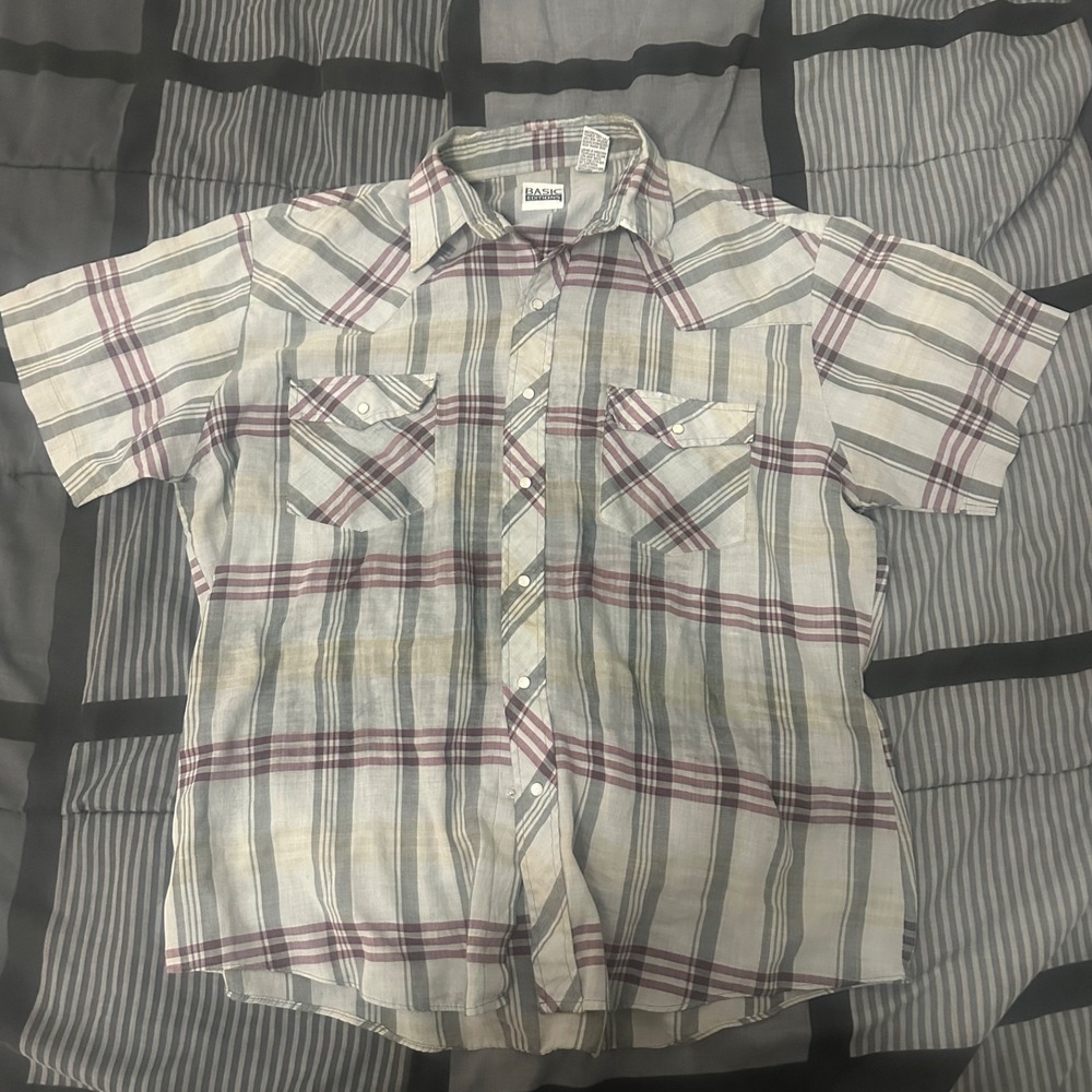 Basic Editions Pearl Snap Shirt Mens Large Plaid Stripes Western Short Sleeve‎